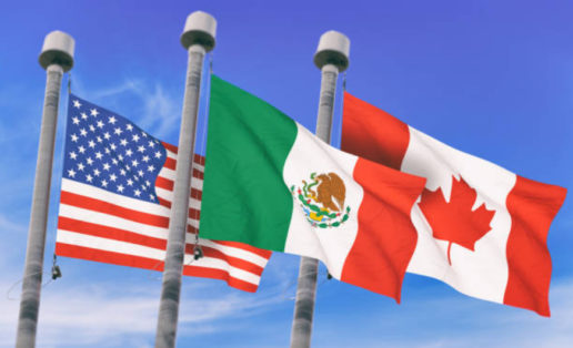 A rendering of the American, Mexican and Canadian flags in front of a blue-sky background