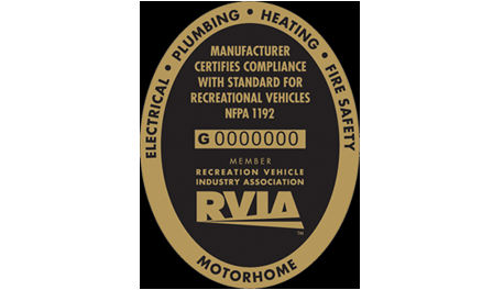 A picture of the RVIA seal indicating the manufacturer certifies compliance with standard for recreational vehicles
