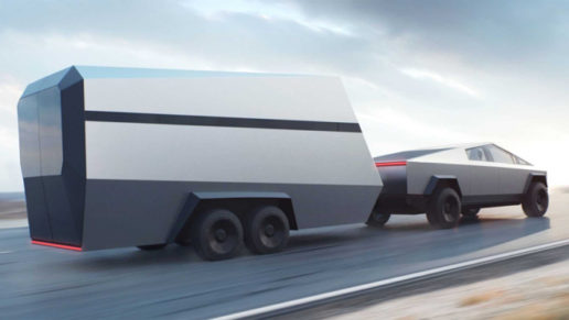 A rendering of the Tesla Cyber Truck pulling a travel trailer