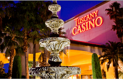 A picture of a fountain in front of the Tuscany Casino in Las Vegas