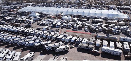 An aerial photo of hundreds RVs parked for the Quartzsite Sports Vacation & RV Show in Quartzsite, Arizona.