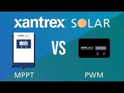 A picture of a Maximum Power Point Tracking (MPPT) charge controller next to a ulse Width Modulation (PWM) charge controller. This side-by-side is for a promotional video in which Xantrex Solar helps consumers decide which charge controller better suits their needs.