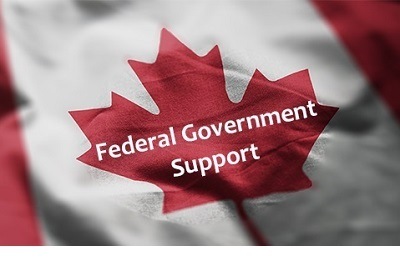 A picture of the maple leaf in the center of the Canadian flag with the words "Federal Government Support" on it