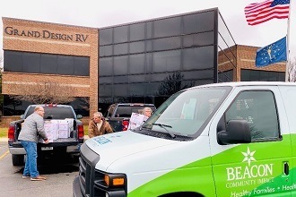 A picture of people unloading medical masks from a truck to be donated to Beacon Health System