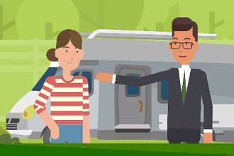 A cartoon image of a man and a woman standing in front of an RV with a green background