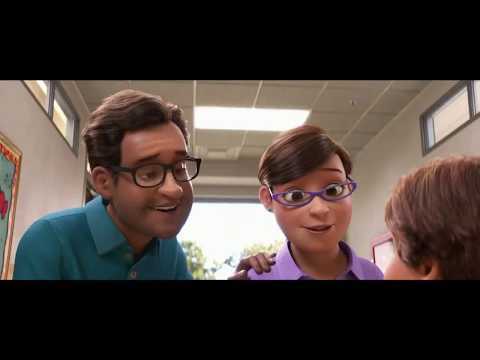 A rendering of a man and a woman both wearing glasses standing in a hallway and talking to a child or other person shorter than them. This is a promotional video for Go RVing and Toy Story 4