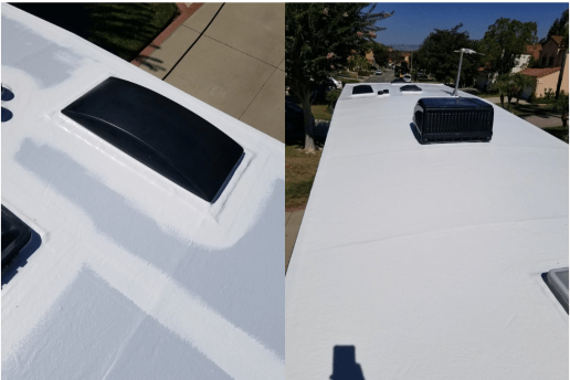 An image of a before and after comparison of an RV Roofing Pros installation